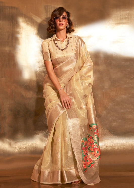 Pure banarasi tissue silk golden cream handloom saree uae dubai online.