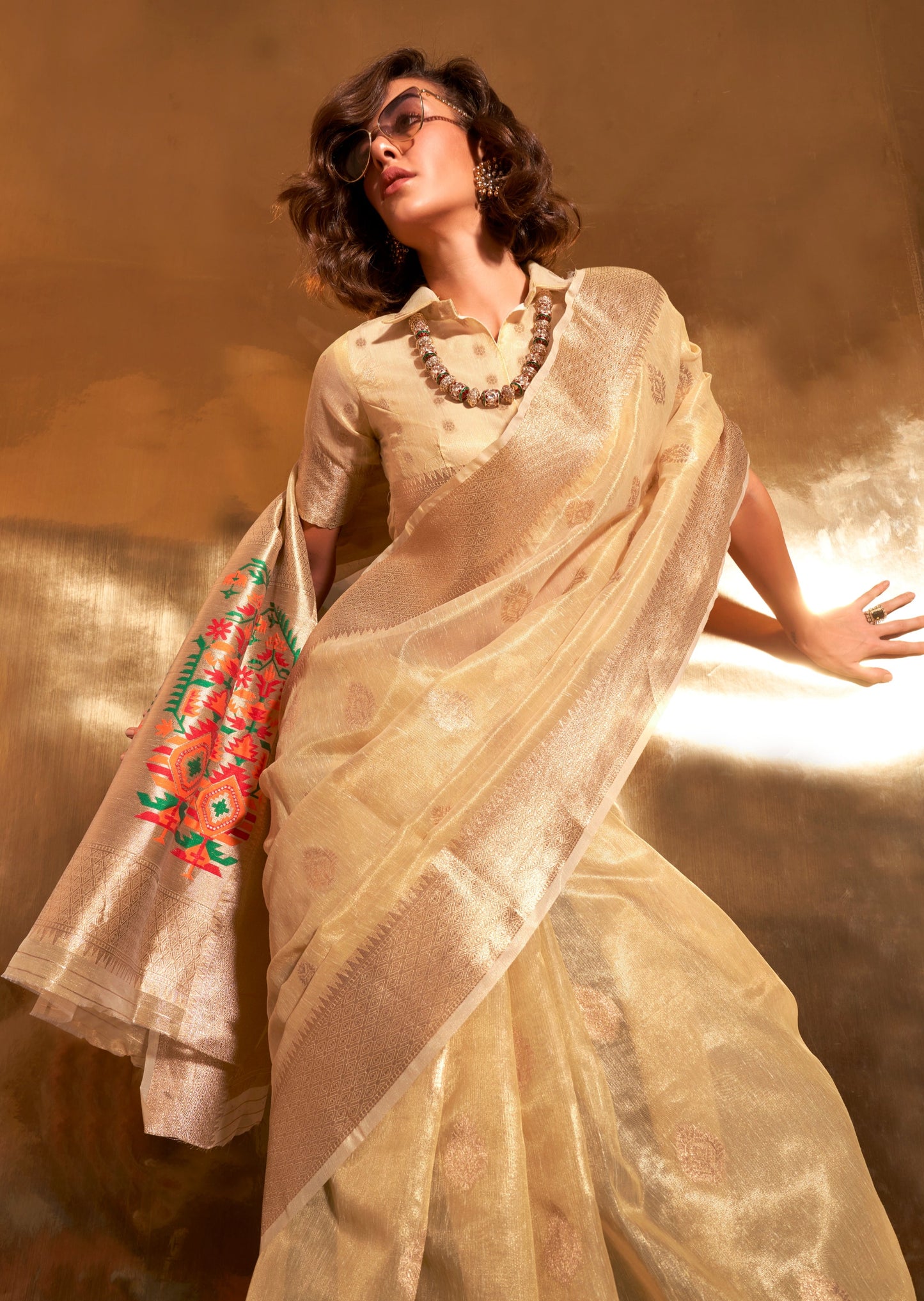 Pure banarasi tissue silk golden cream handloom saree uae online.
