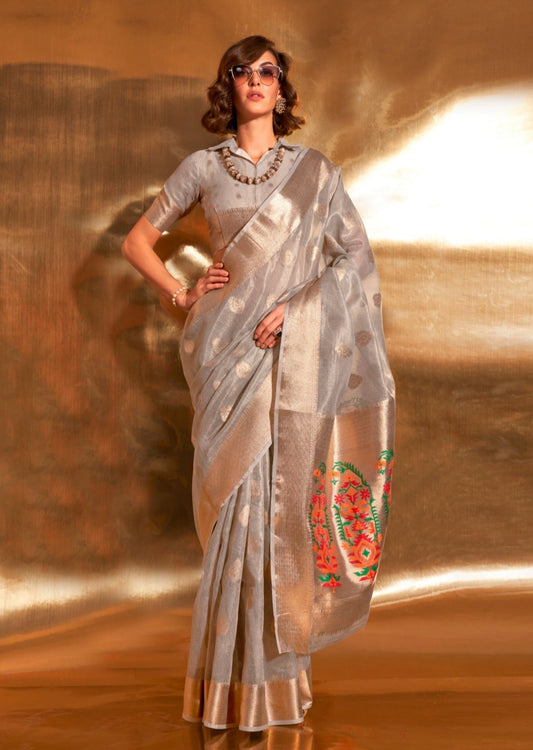 Pure banarasi tissue silk grey handloom saree india usa uk uae.