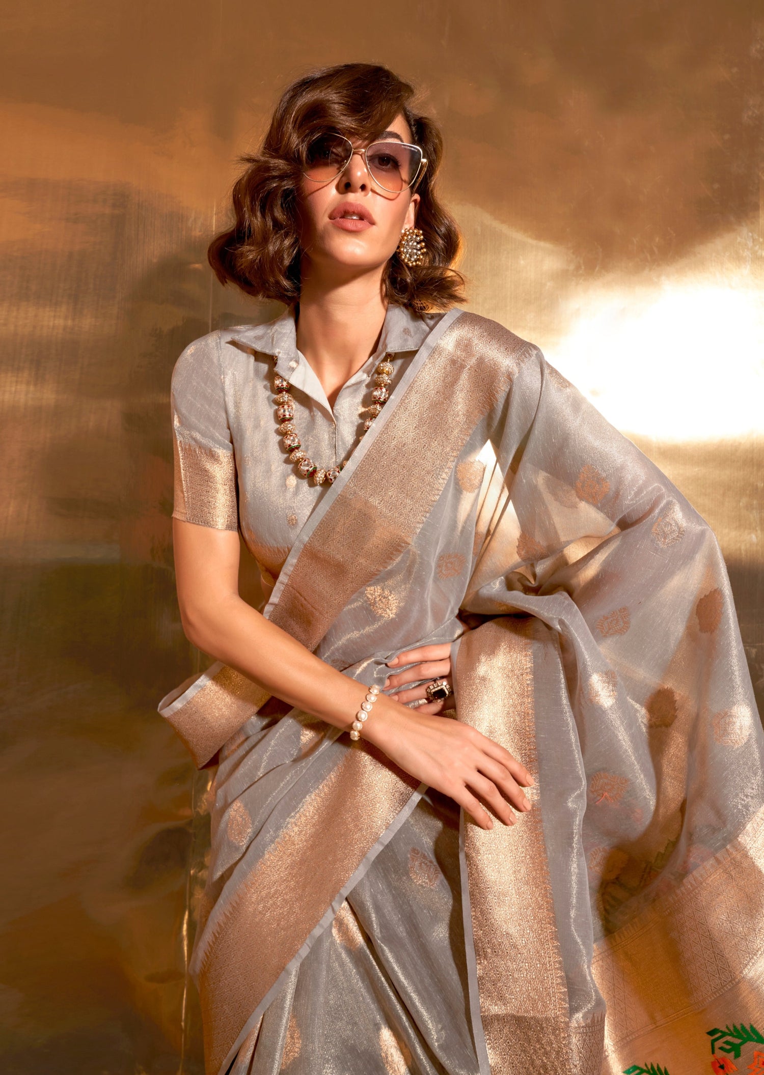 Pure banarasi tissue silk grey handloom saree online.