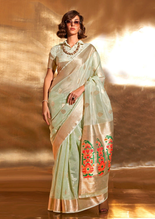 Pure banarasi tissue silk pastel green handloom saree usa uk uae.