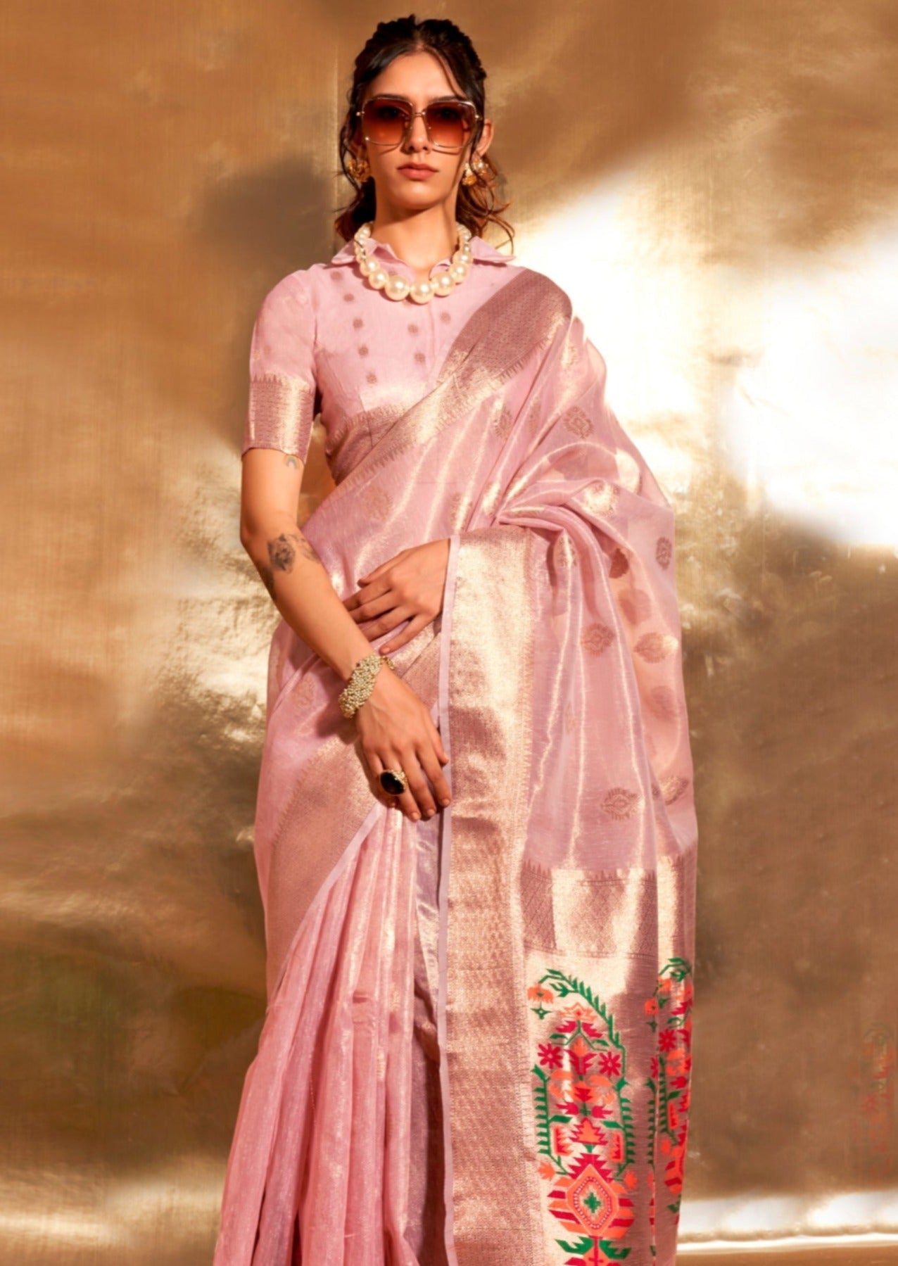 Pure banarasi tissue silk pastel pink handloom saree online.