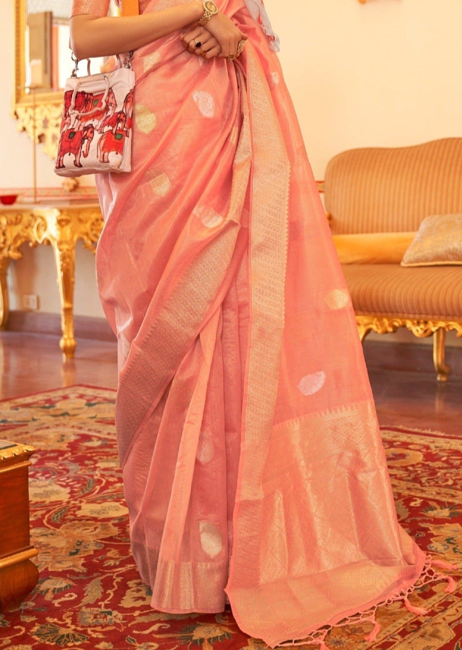 Pure banarasi tissue silk peach colour handloom bridal saree online shopping with price.