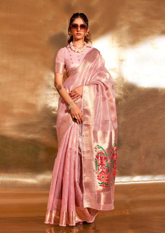 Pure banarasi tissue silk pink handloom saree online.