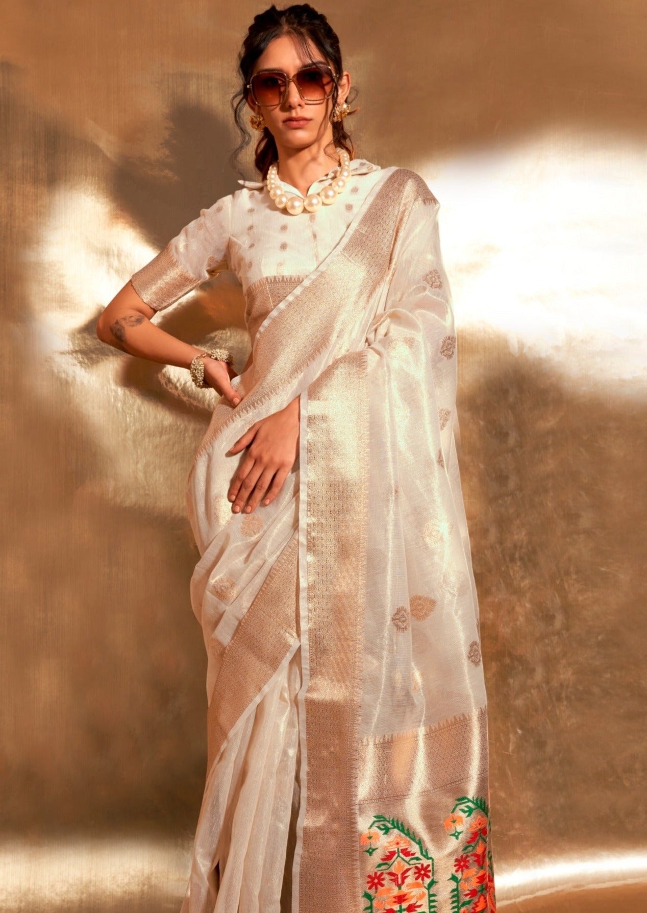 Pure banarasi tissue silk white handloom saree usa uk uae online.