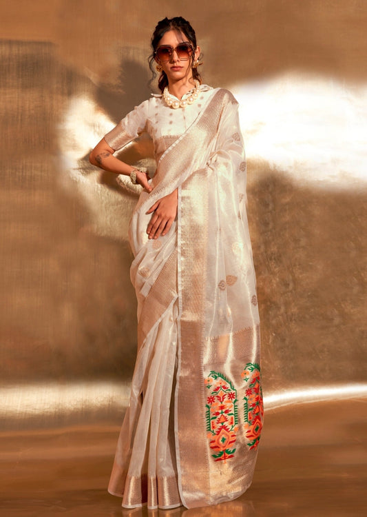 Pure banarasi tissue silk white handloom saree online.