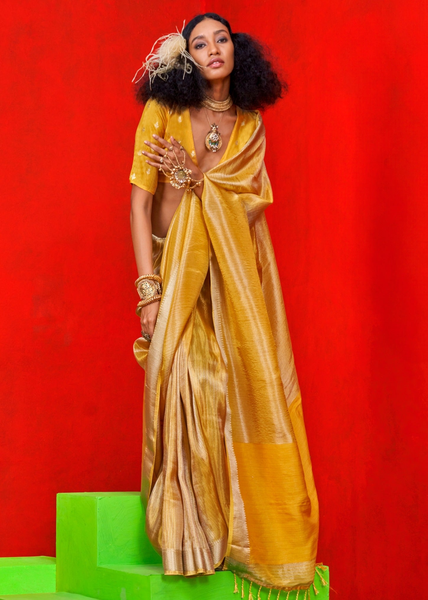 Pure banarasi tissue silk yellow handloom saree for festive wear featuring zari weaving.