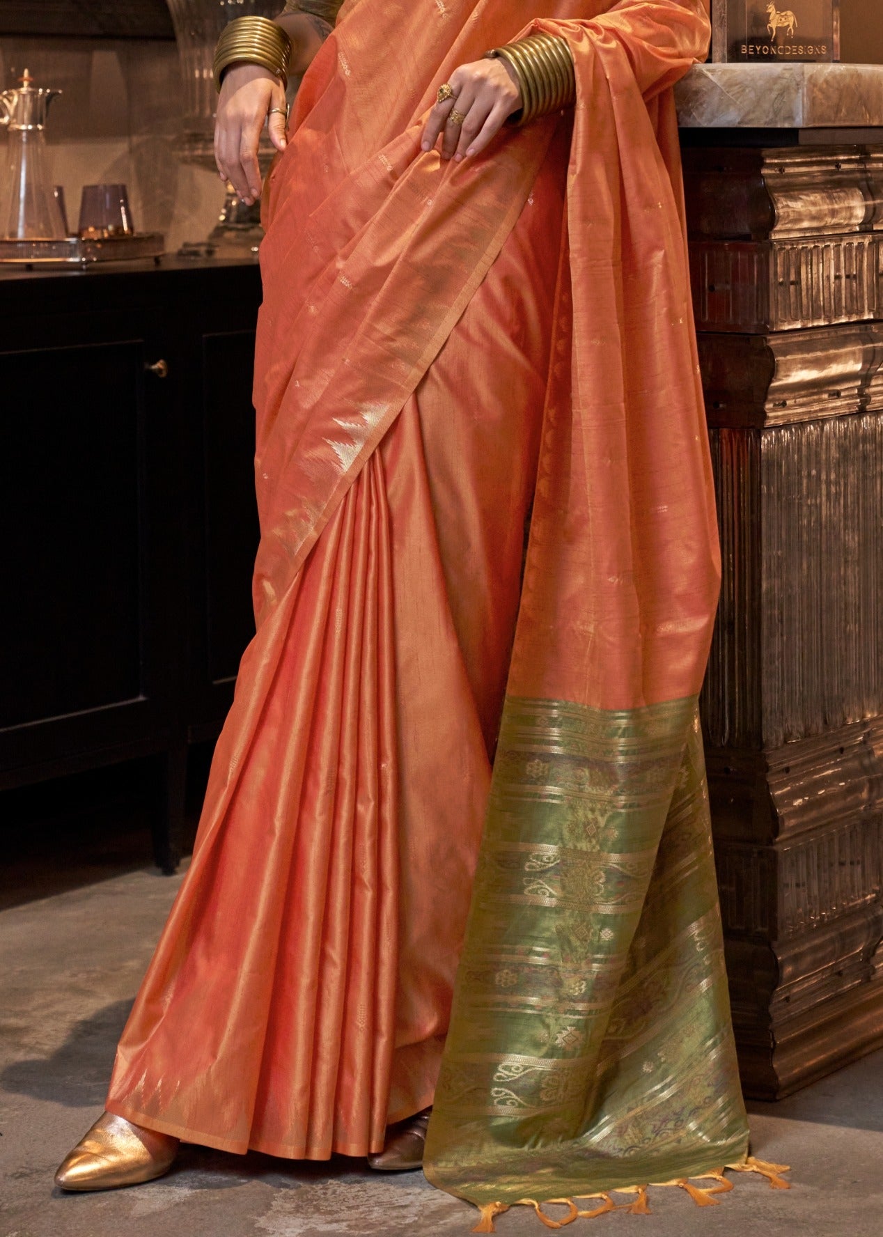 Pure banarasi tussar silk orange green saree online shopping for indian wedding.