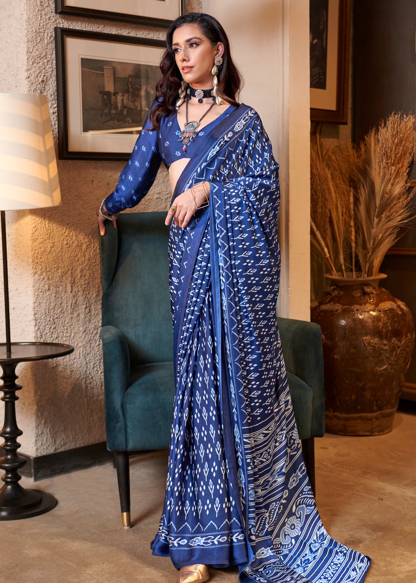 Pure Satin Crepe Indigo Blue Printed Saree