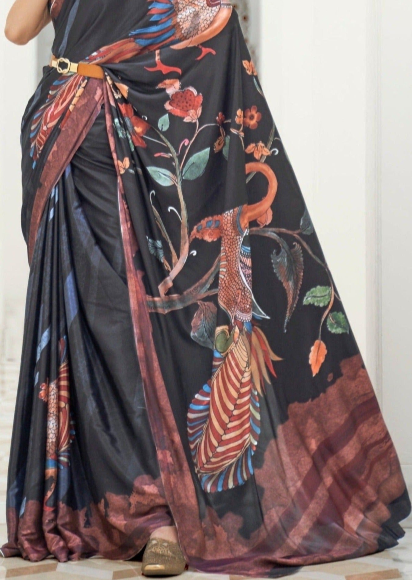 Pure crepe saree online usa in black color at fast delivery.