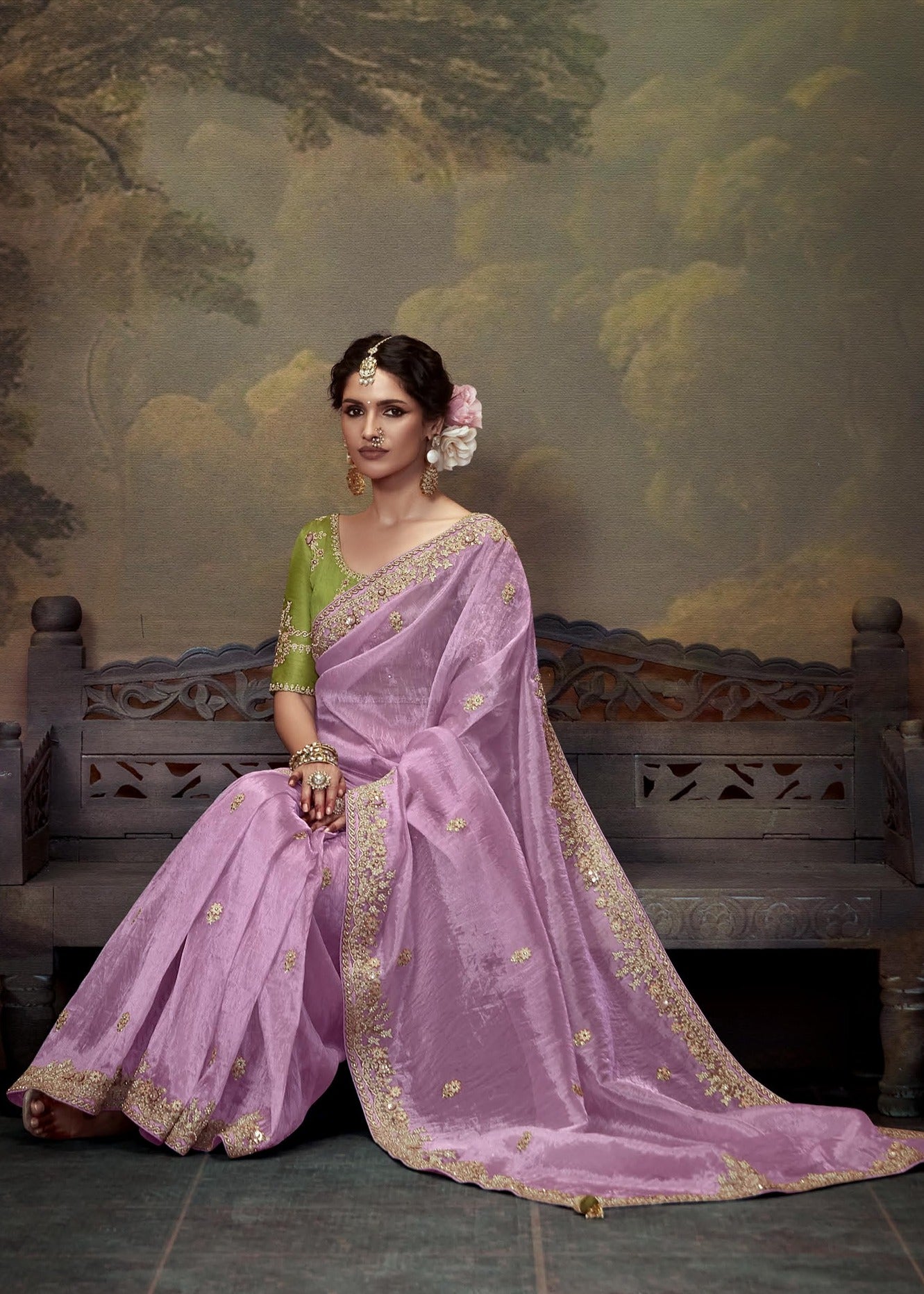 Pure crushed tissue silk pink saree contrast green blouse usa online for wedding function wear.