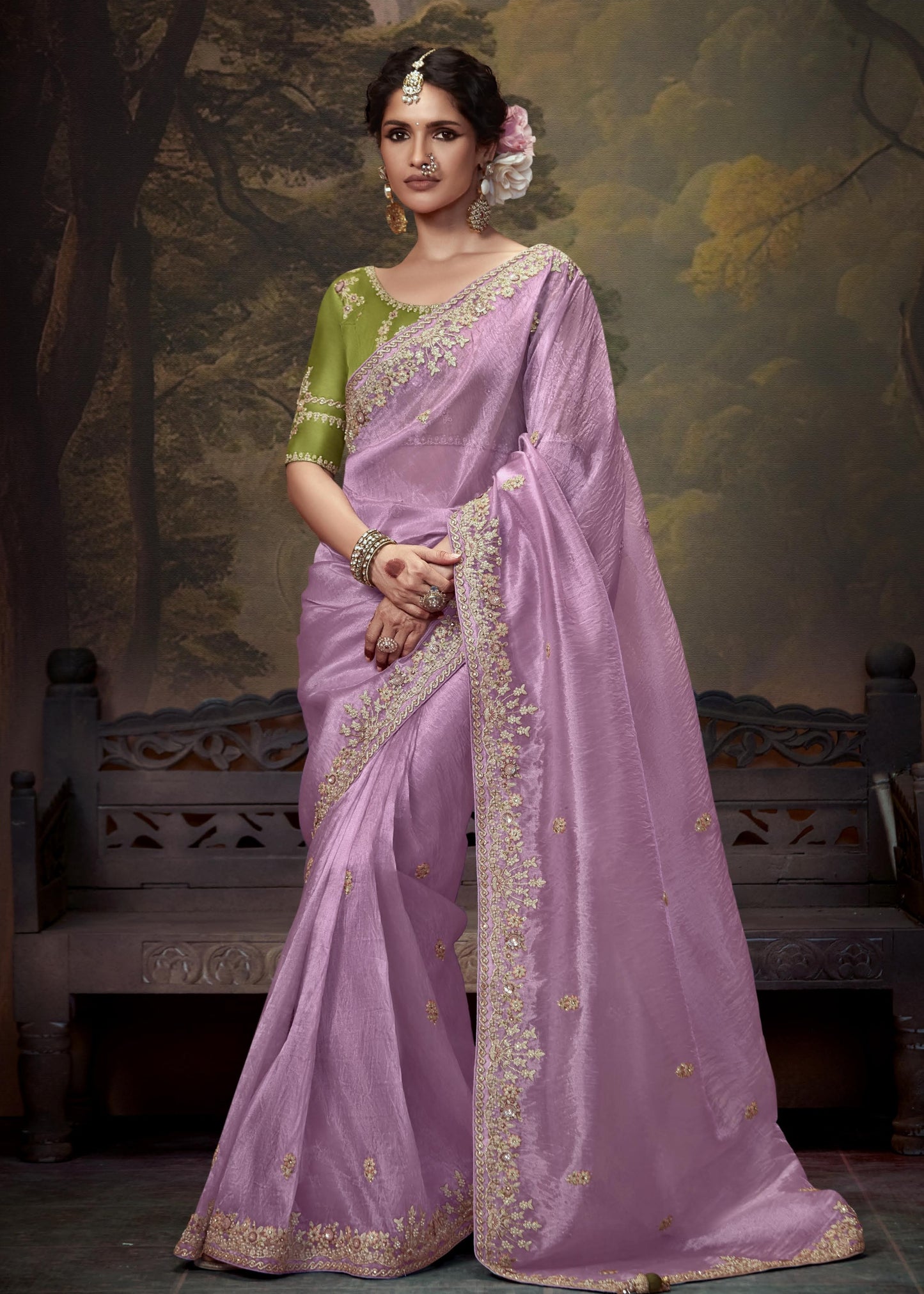 Pure crushed tissue silk pink & green saree usa online shopping for wedding look.