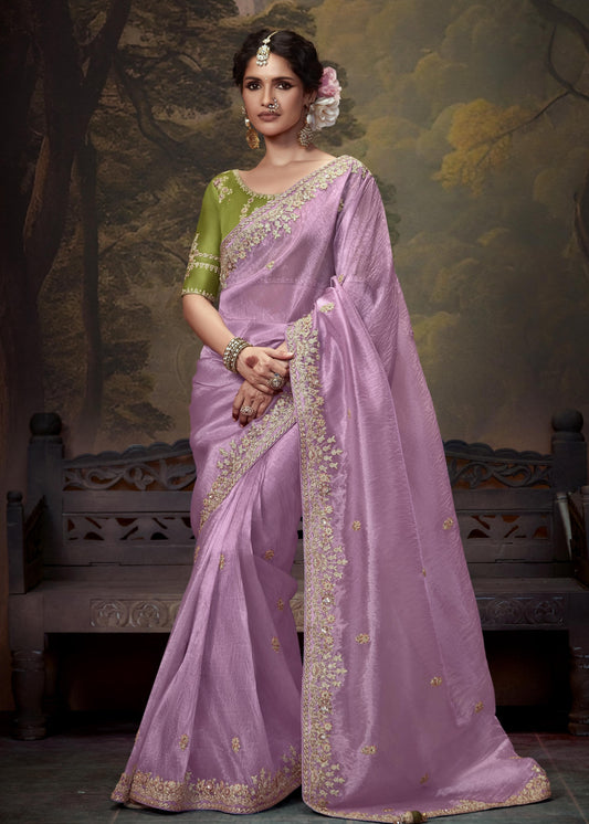 Pure crushed tissue silk pink & green saree usa online shopping for wedding look.