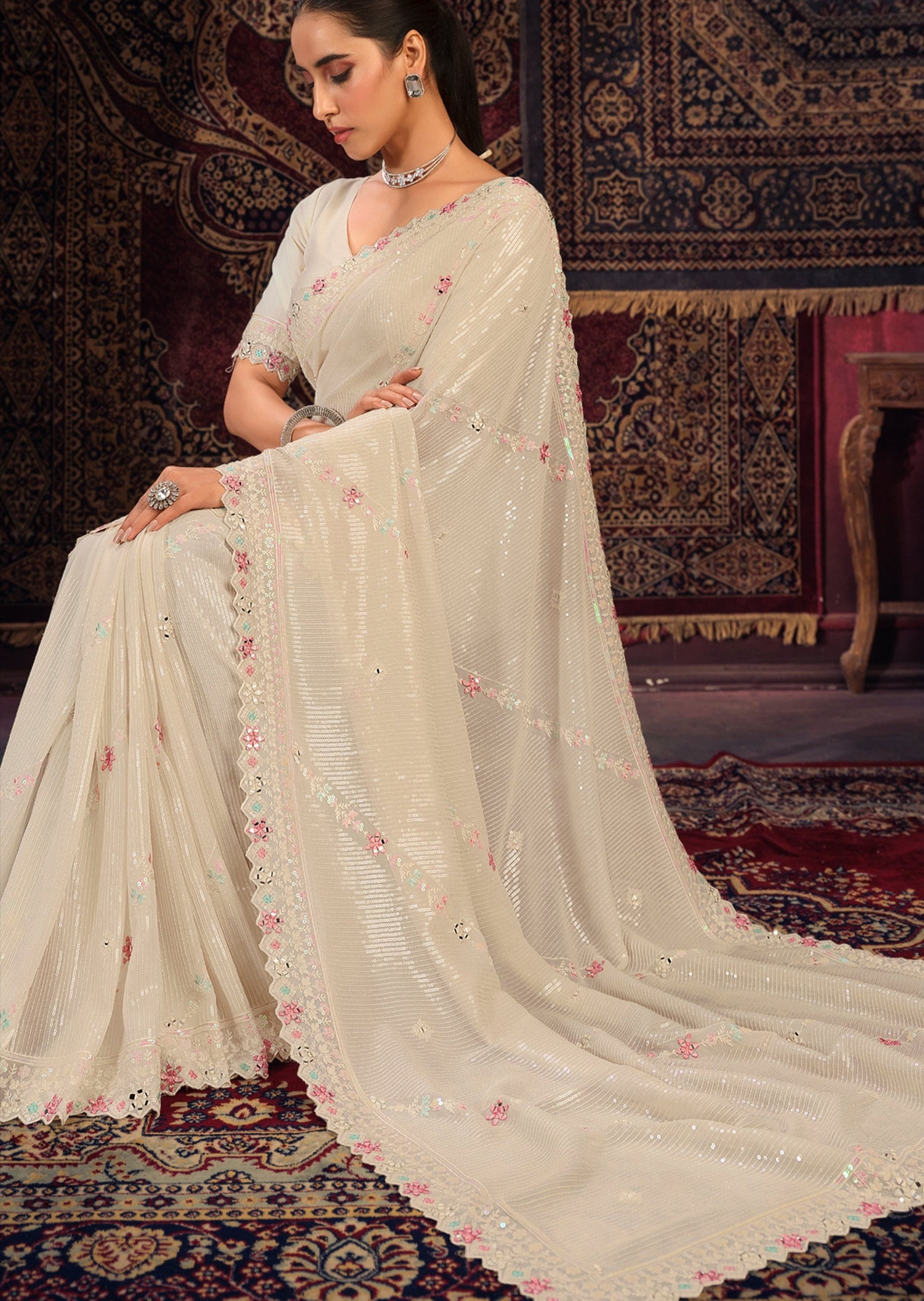 Pure georgette cream bridal saree usa online shopping.