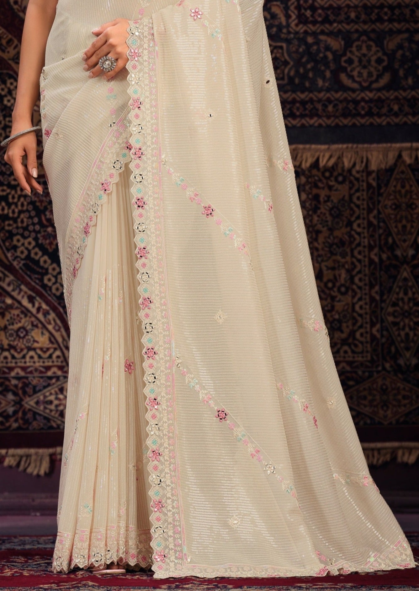 Pure georgette cream saree usa online shopping on sale.