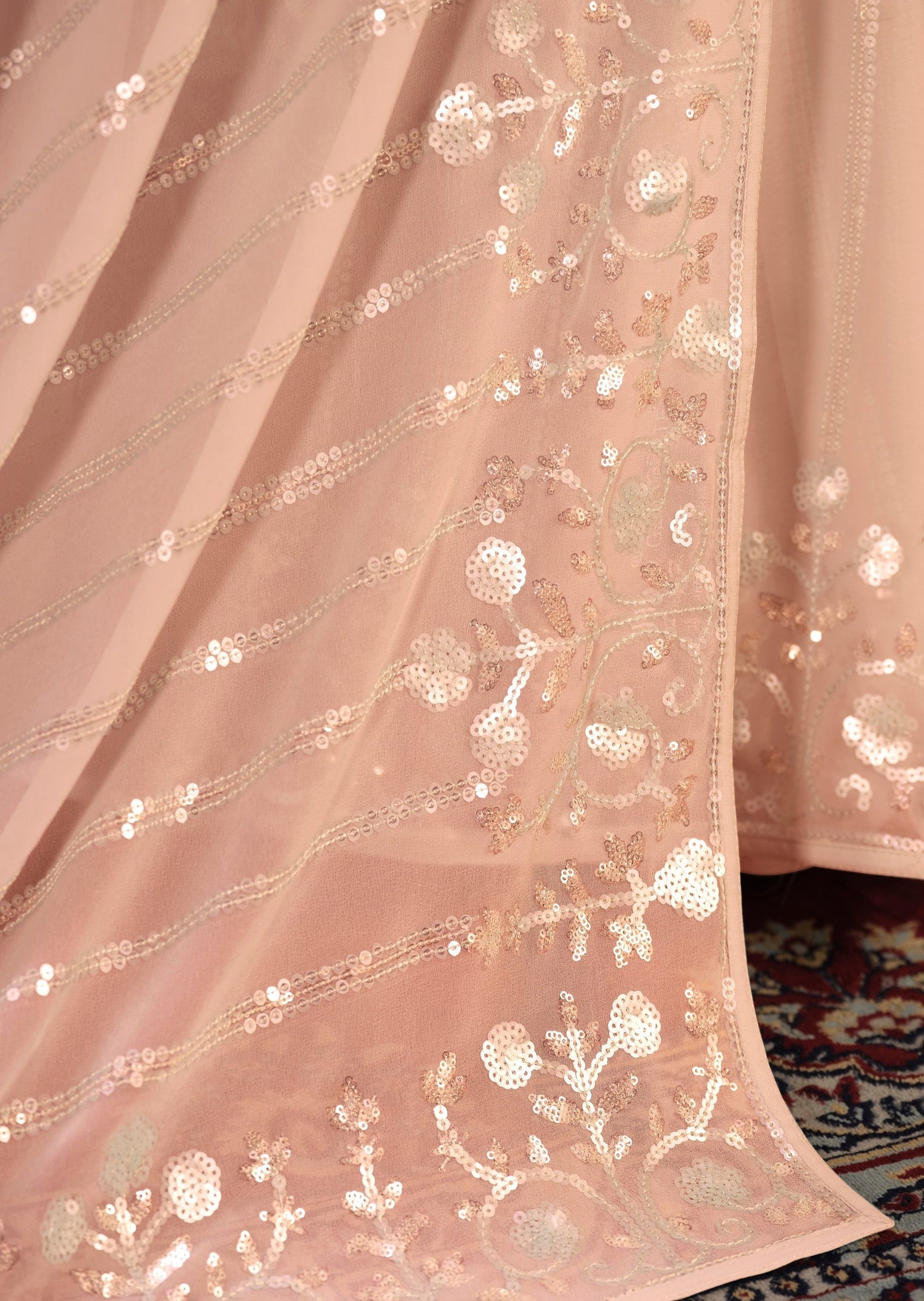 Pure georgette partywear peach saree usa online designs with price for wedding and festival.