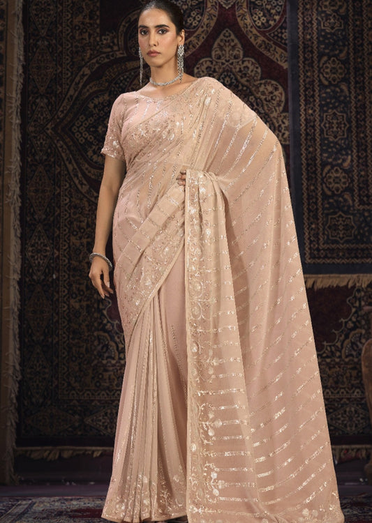 Pure georgette peach saree usa online shopping with price for wedding wear.