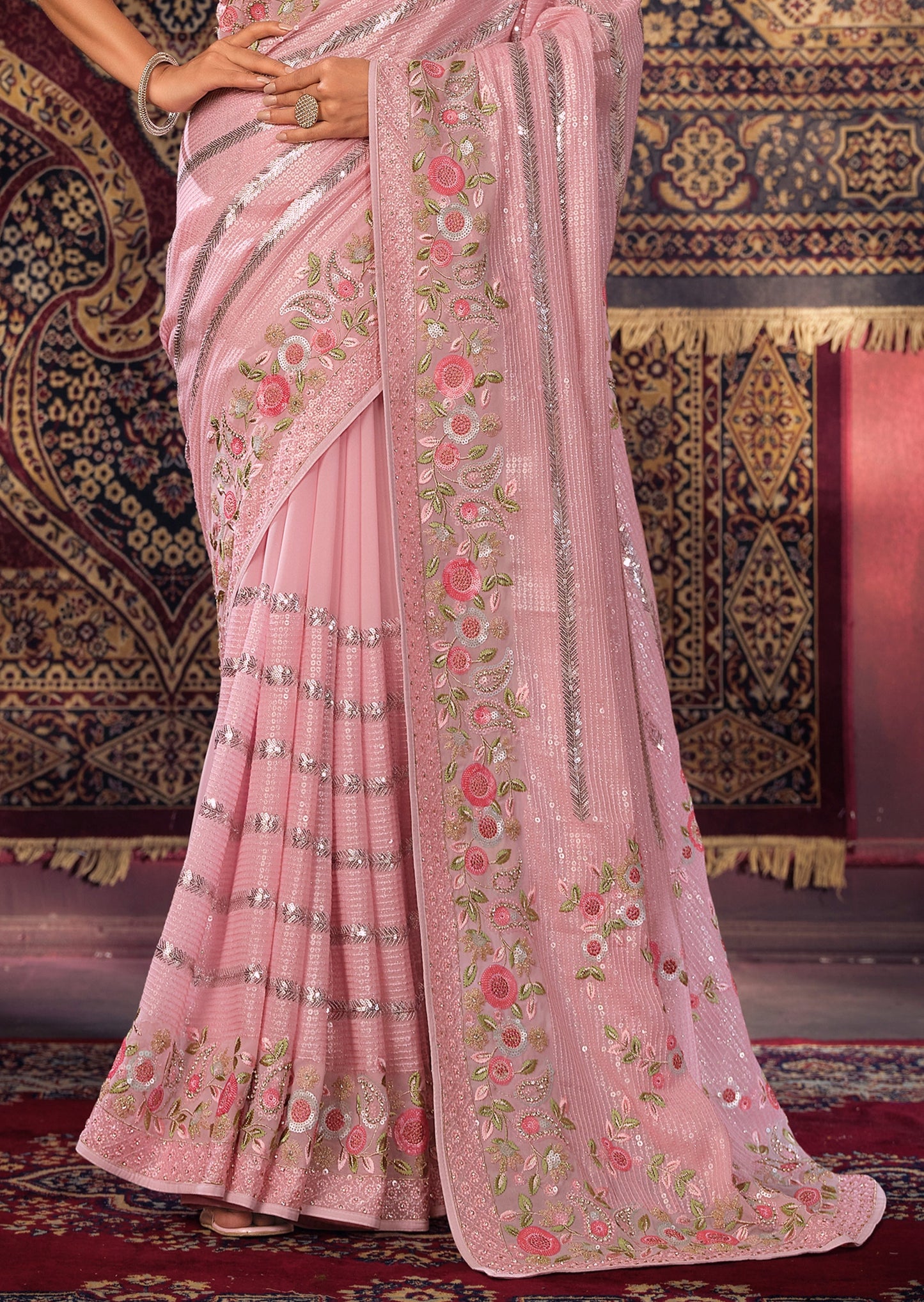 Pure georgette blush pink saree design in usa online shopping with price for wedding.