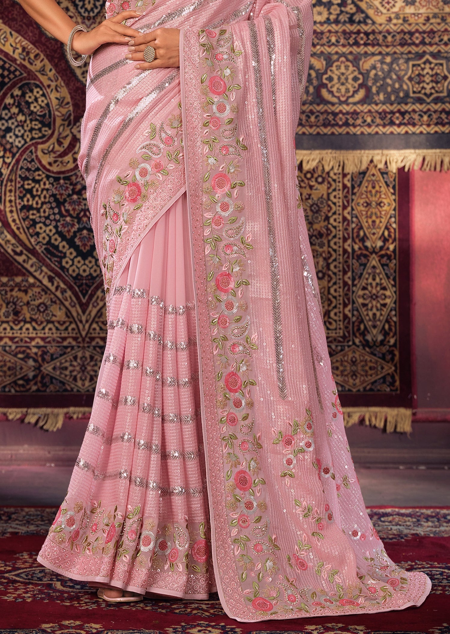 Pure georgette blush pink saree design in usa online shopping with price for wedding.