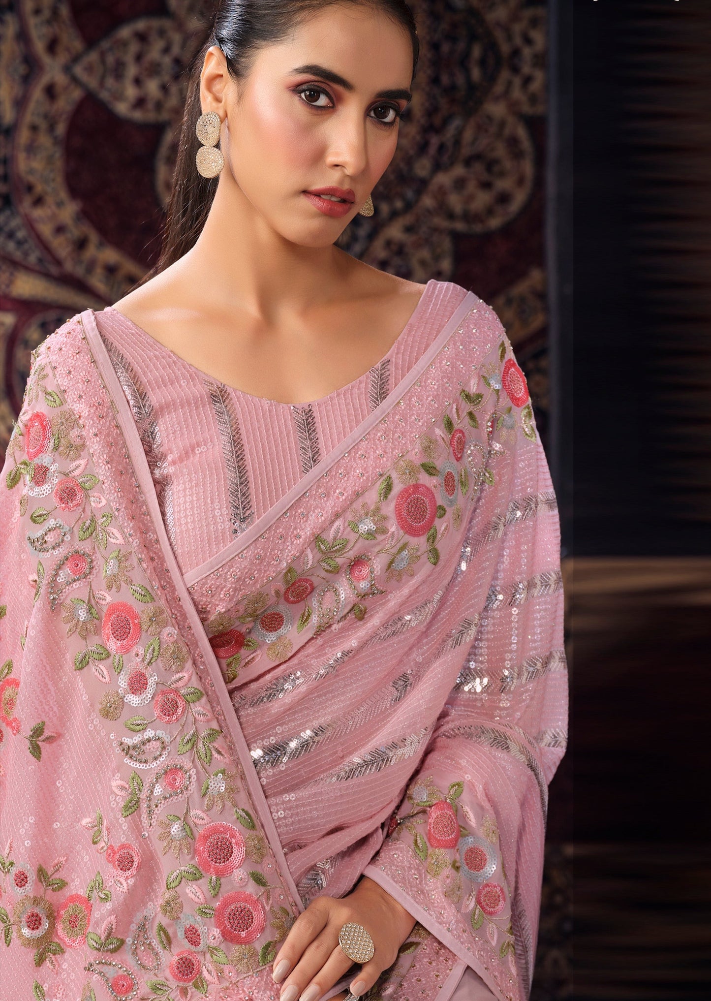 Pure georgette blush pink saree in usa online shopping.