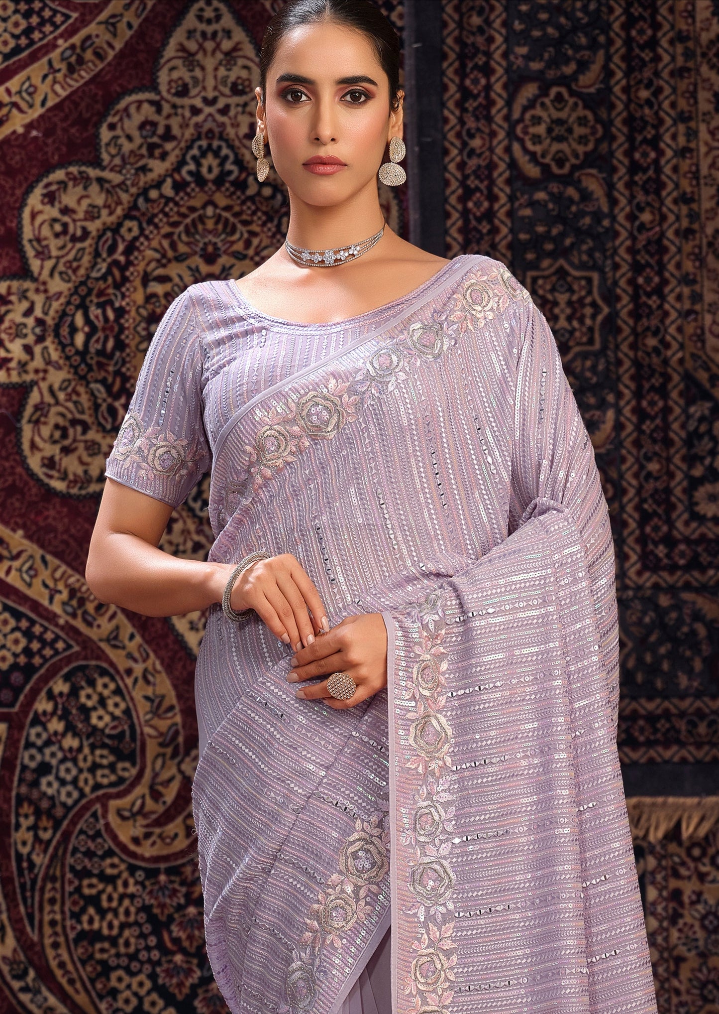 Pure georgette purple partywear saree usa online shopping for indian wedding.