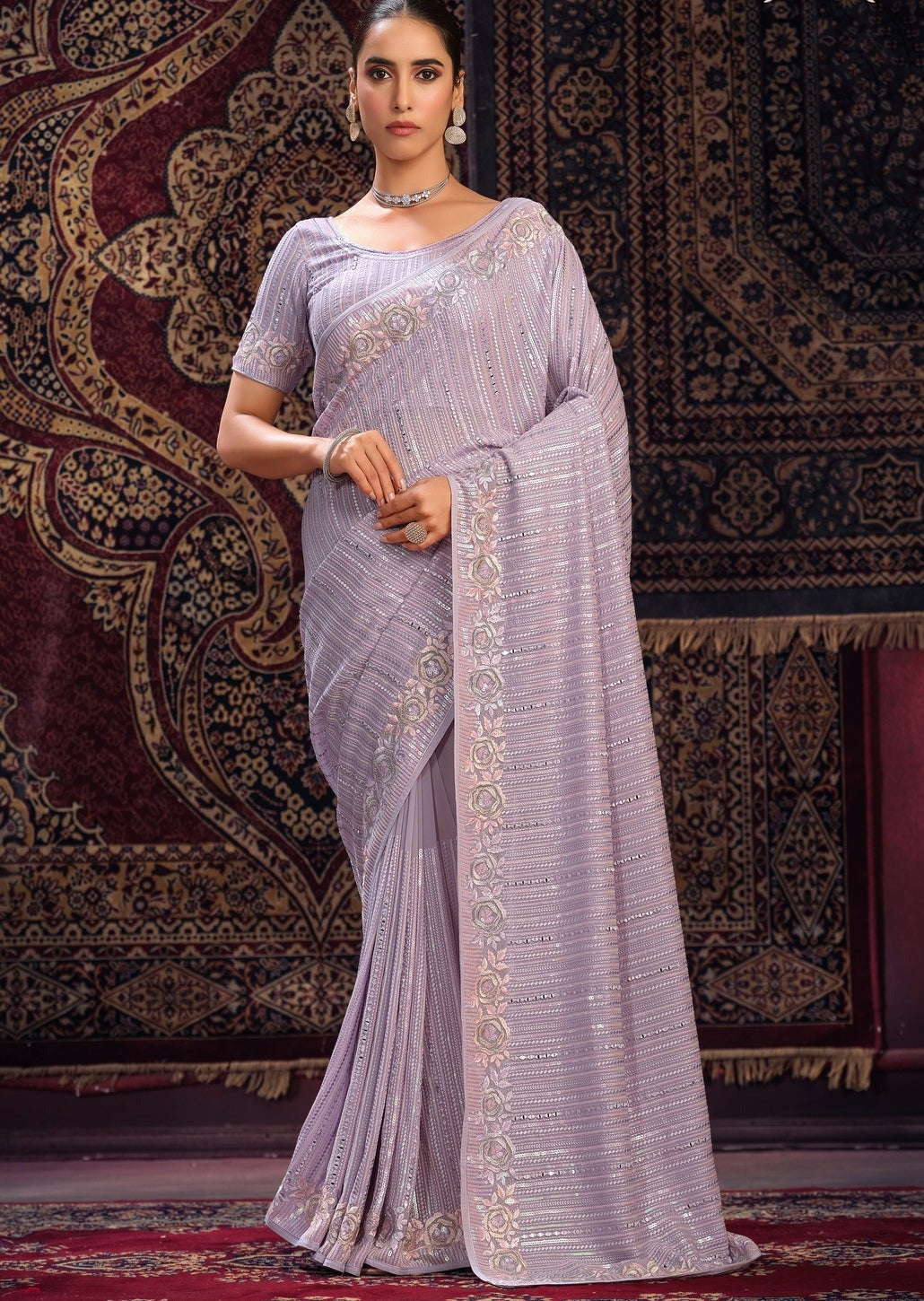 Pure georgette purple sarees usa online shopping for indian wedding.