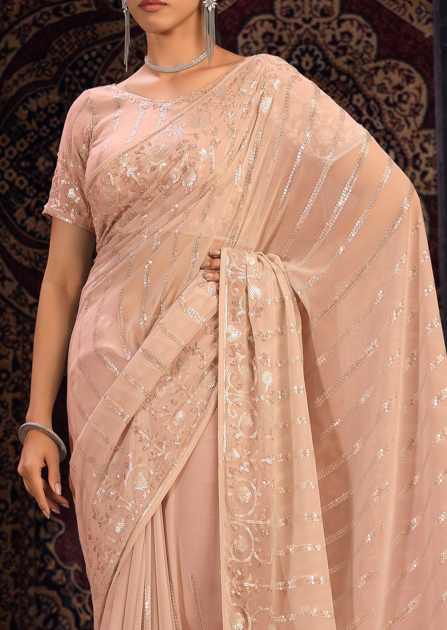 Pure georgette peach saree usa online shopping with price for party.