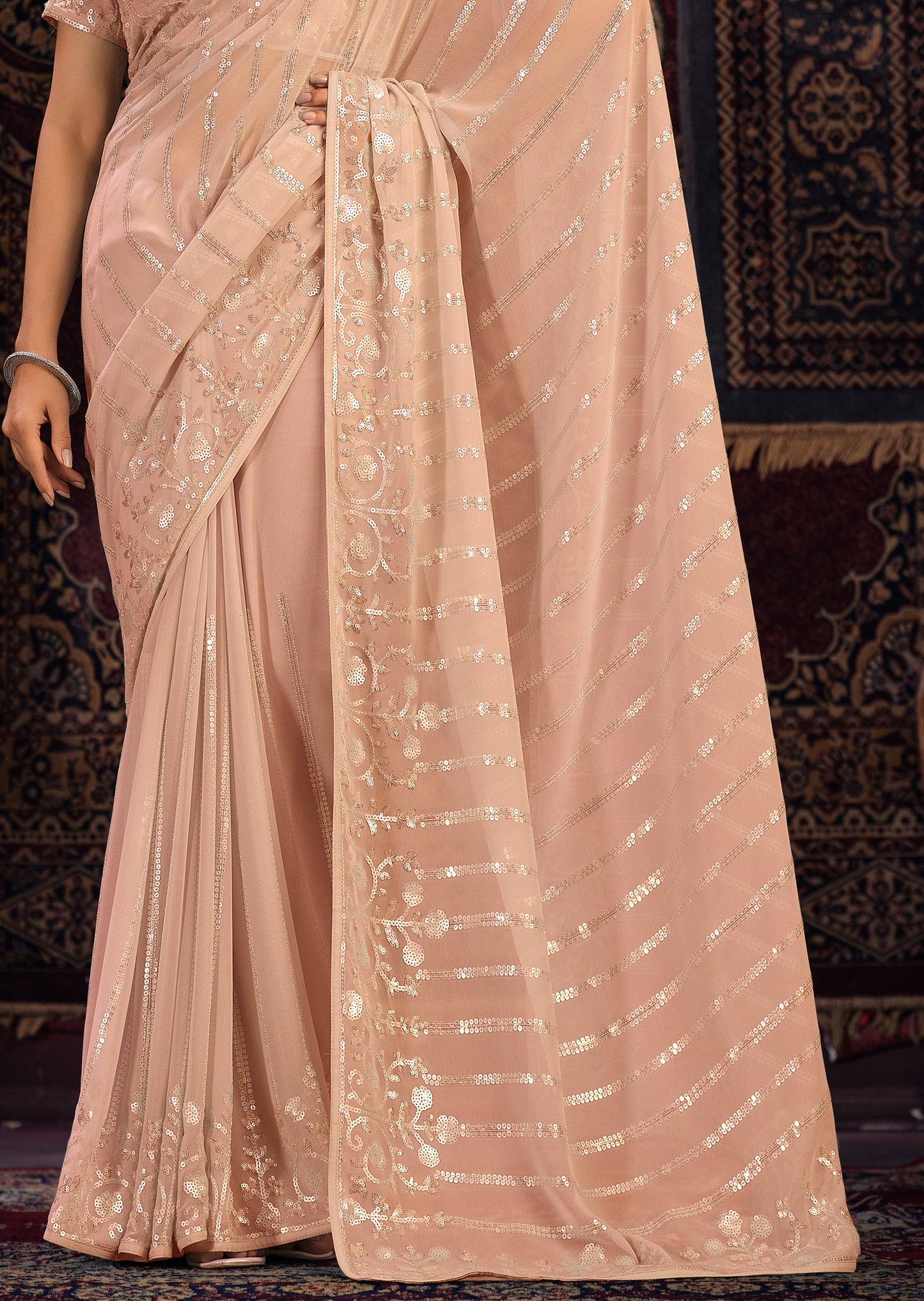 Pure georgette peach saree usa online shopping with price for wedding.