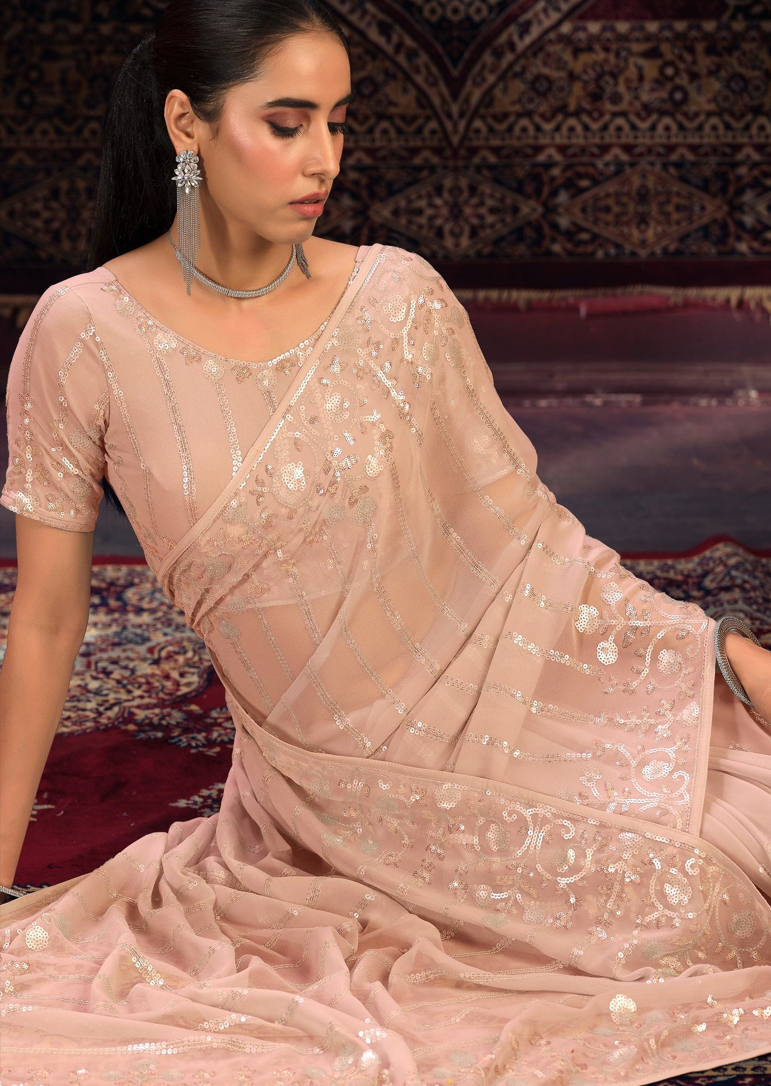 Pure georgette peach saree usa online design with price for wedding and bridal wear.