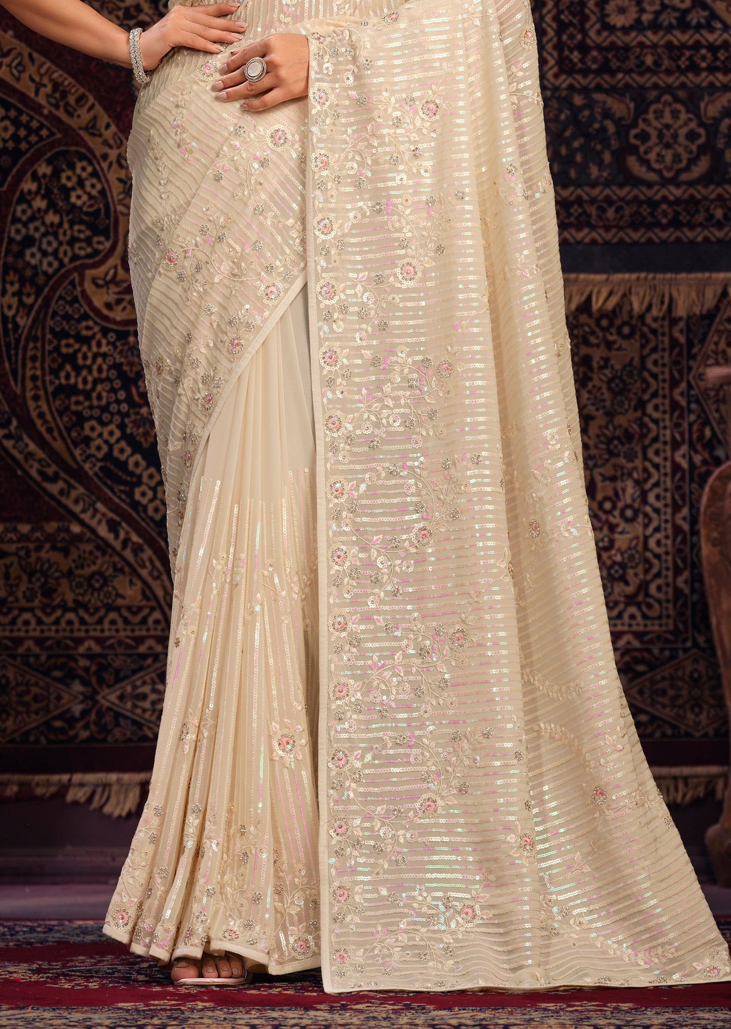 Pure Georgette Sequins Work Cream Partywear Saree