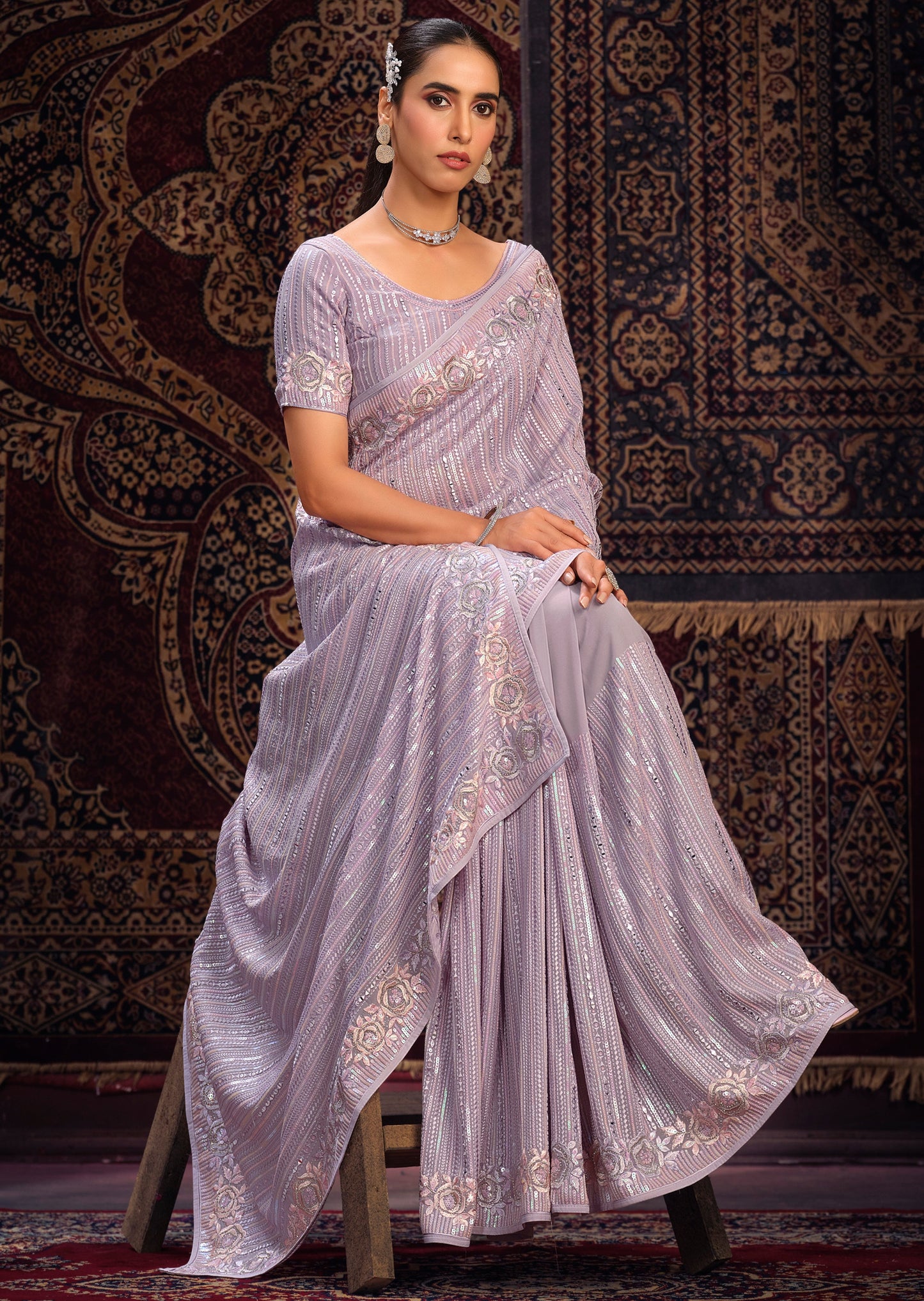 Pure georgette purple sarees usa online shopping with price for indian wedding.