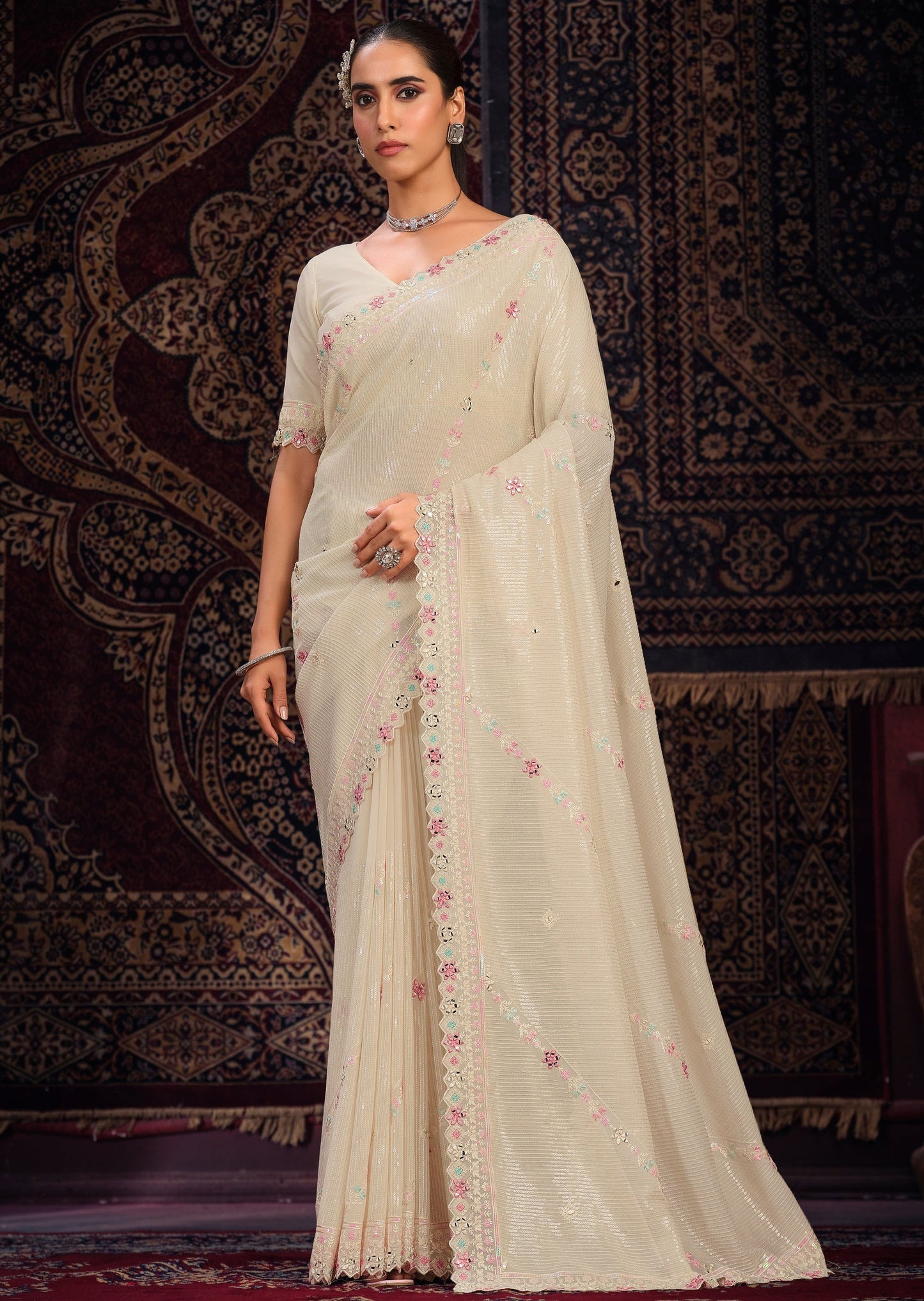 Pure georgette sarees in usa online shopping for bridal wear in cream color.