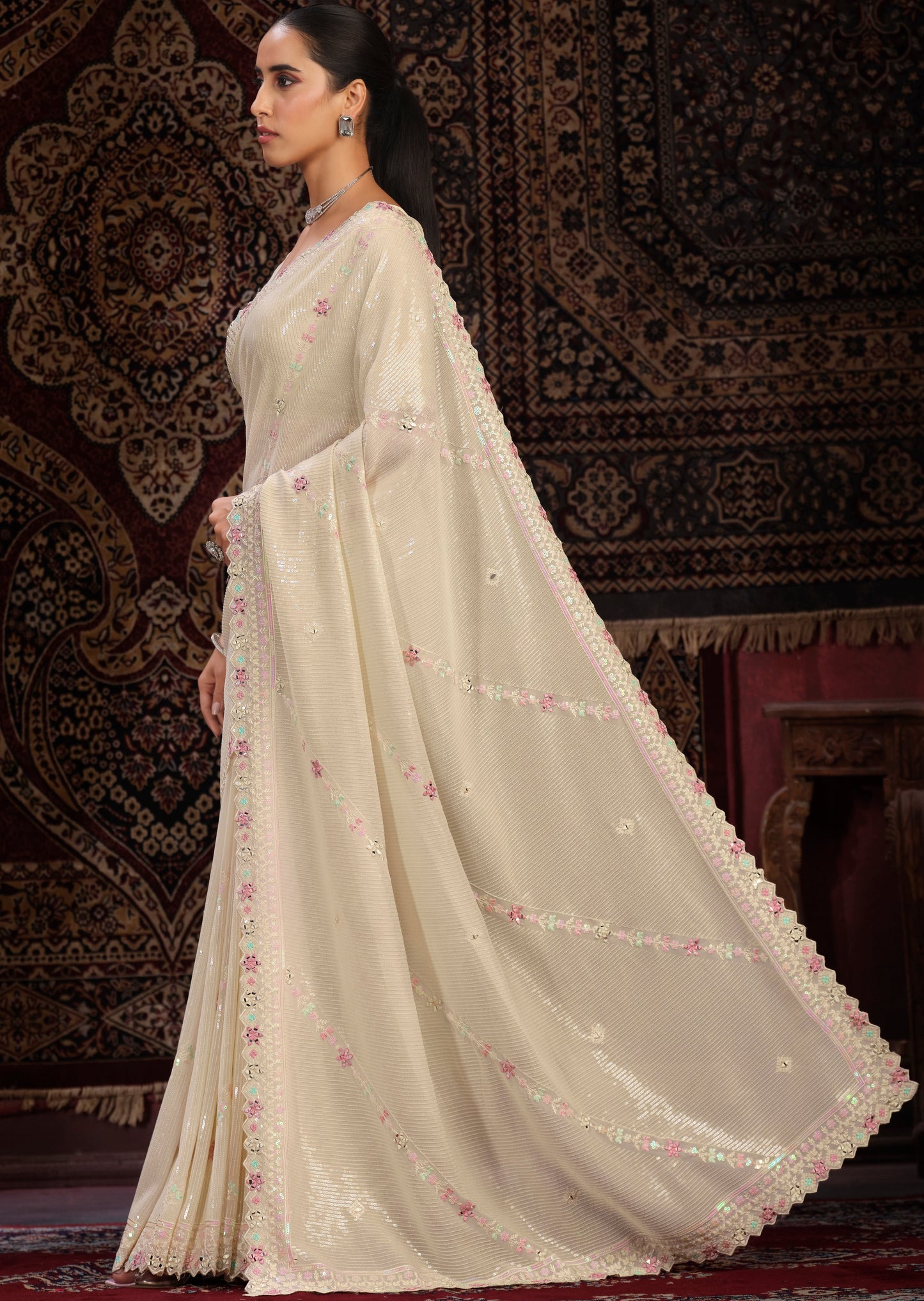 Pure georgette sequins work cream partywear saree usa online for bride.