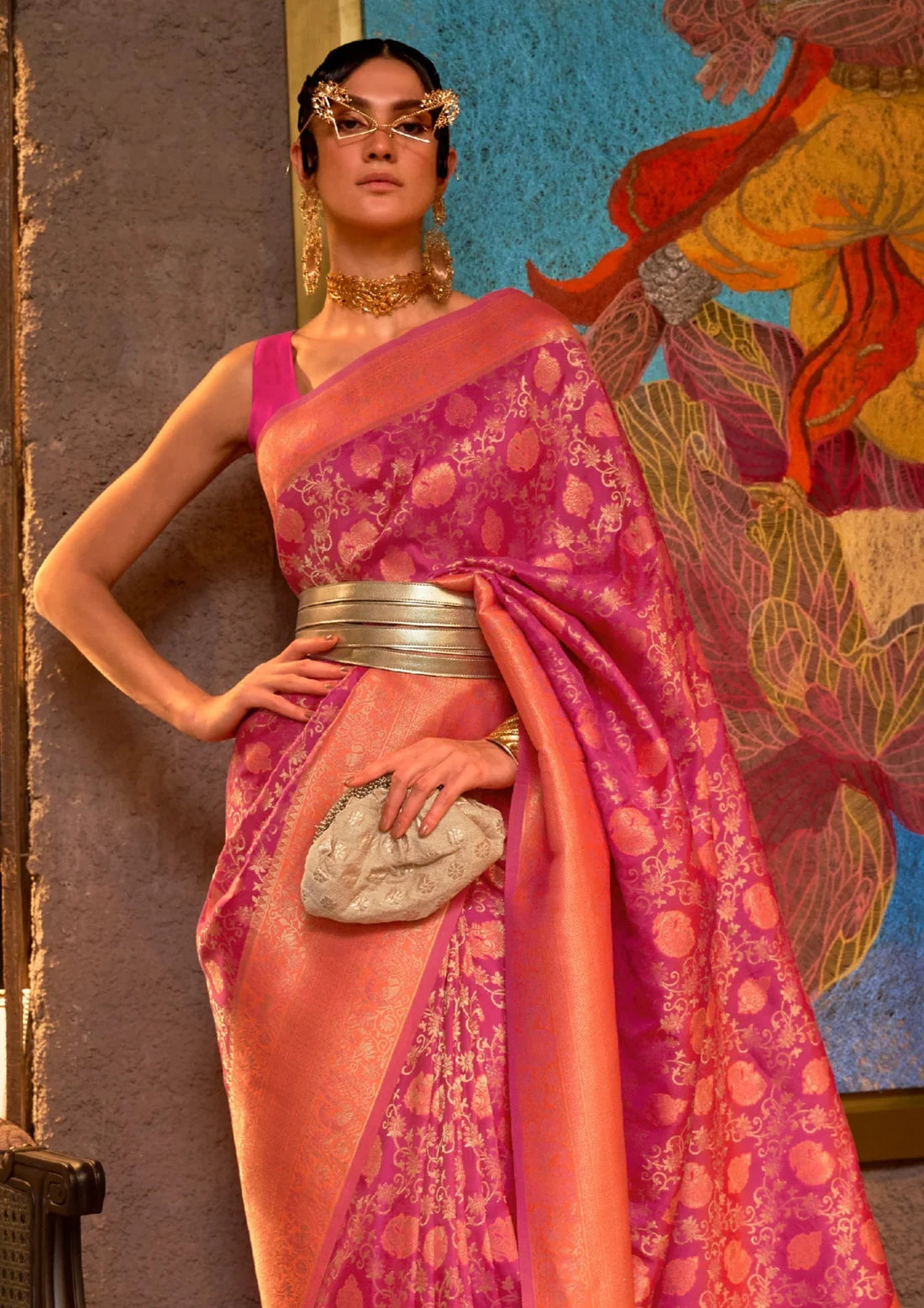 Pure handloom banarasi katan silk magenta pink bridal saree online shopping india.