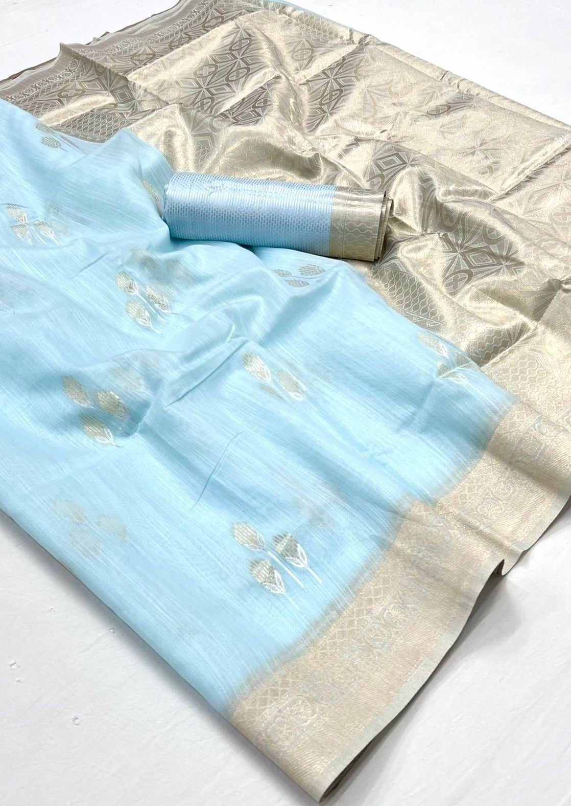 Pure banarasi linen handloom saree in light blue color online shopping india uk.