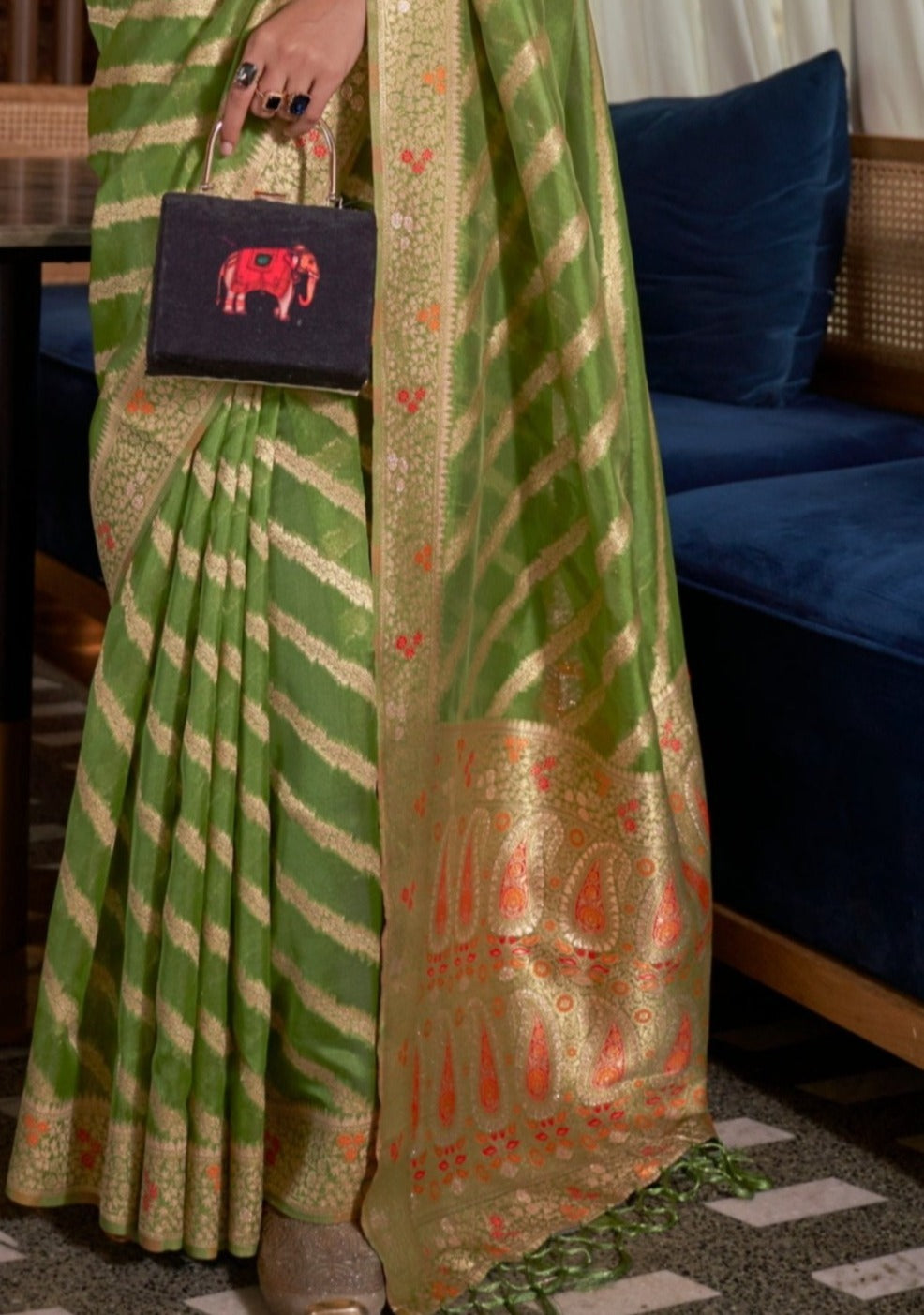 Pure handloom banarasi organza green saree pallu online price with meenakari design.