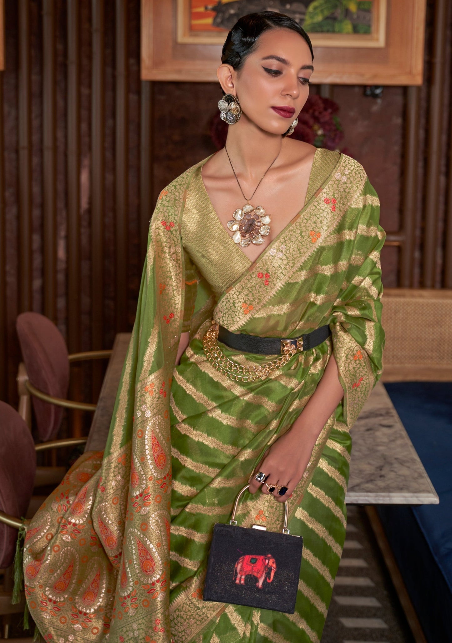 Pure handloom banarasi organza green wedding saree online india with meenakari work.