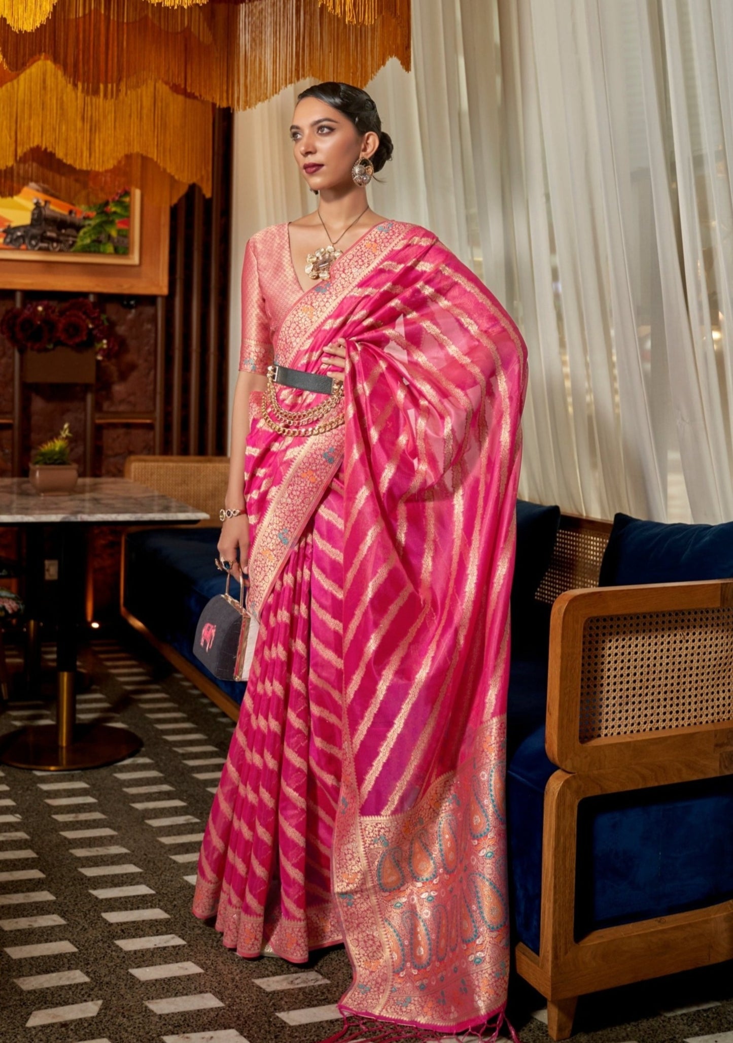 woman in Pure Handloom Banarasi Organza Hot Pink Saree