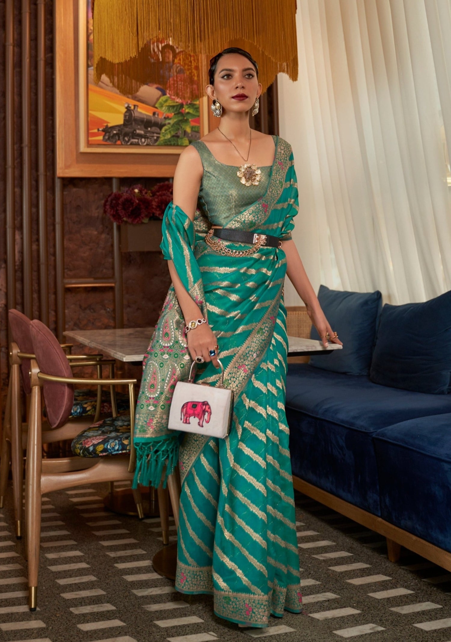 woman standing in Pure Handloom Banarasi Organza Jade Green Saree
