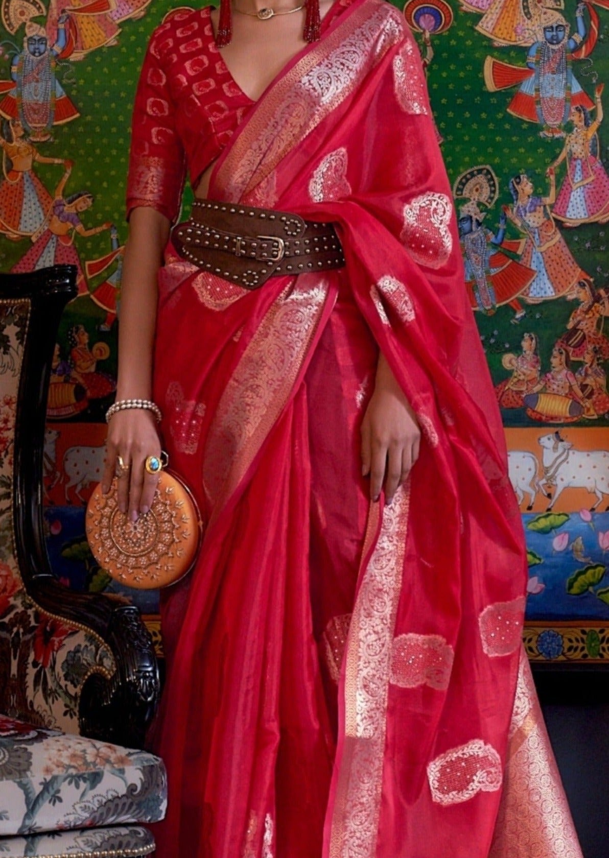 Pure handloom banarasi organza red bridal saree online shopping for bride.