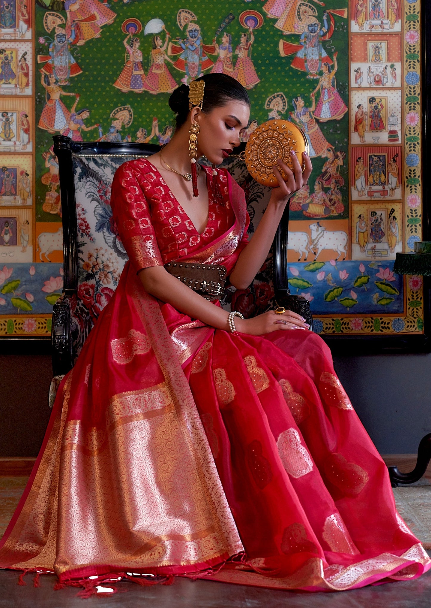 Pure handloom banarasi organza red bridal saree online shopping with price for wedding.