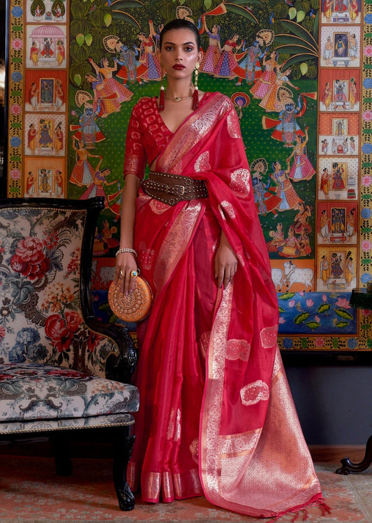 Pure handloom banarasi organza red bridal saree online shopping price.