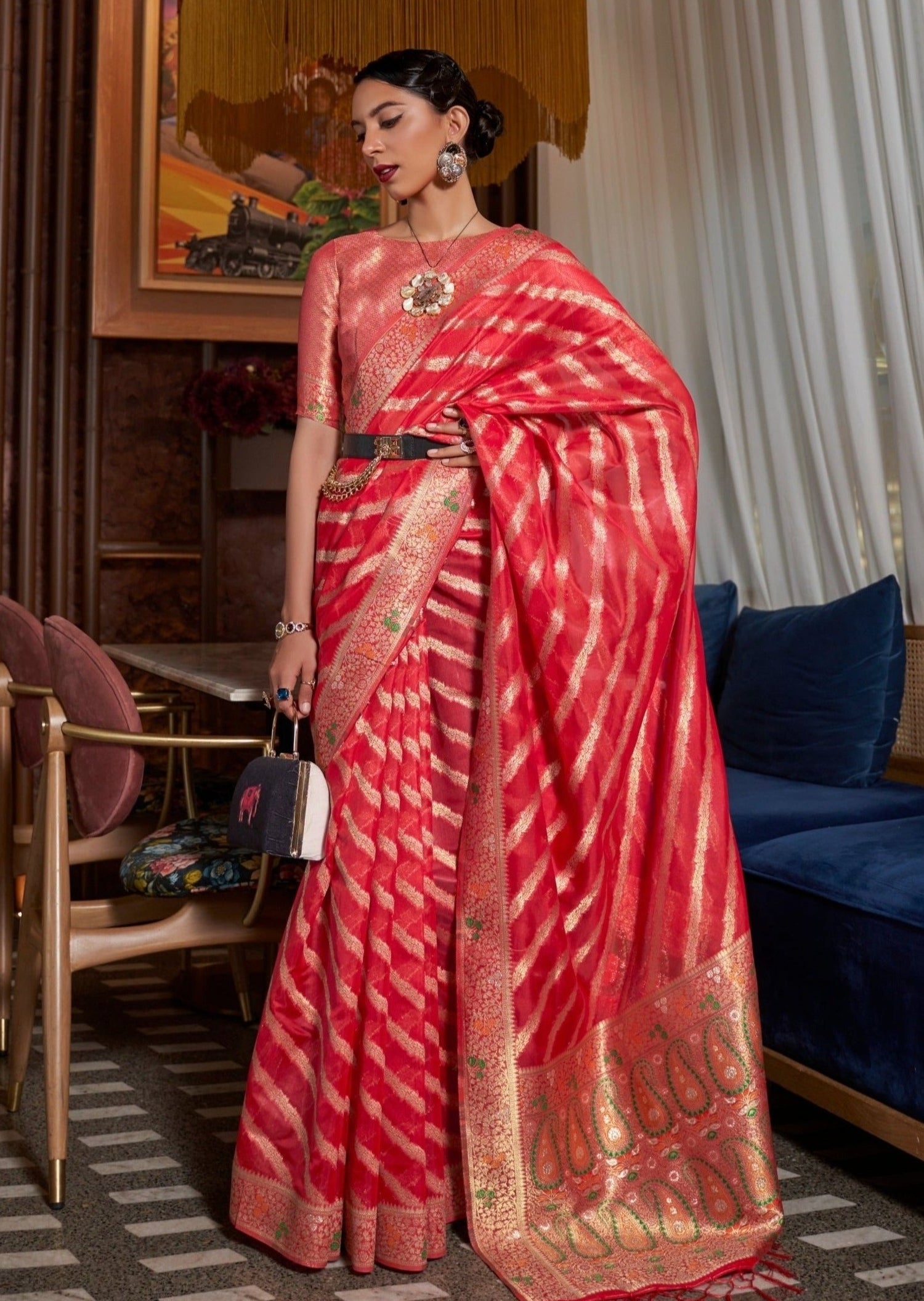 Dark Yellow Red Border Lace Work Pure Silk Flower Print Wedding Wear Saree