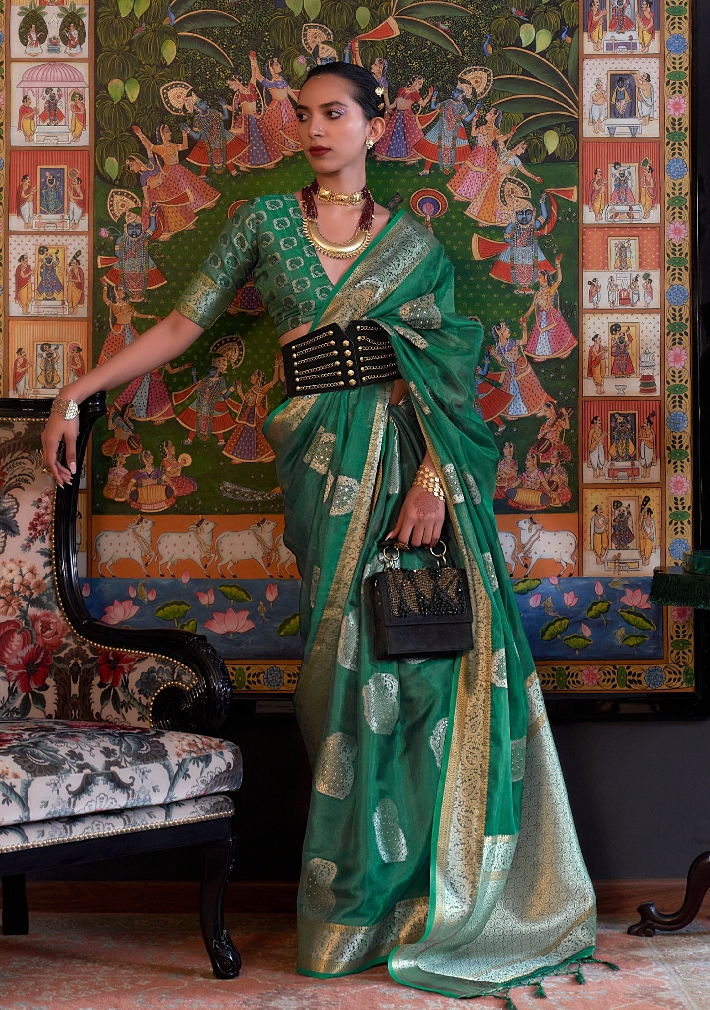 Woman's dark green color pure handloom banarasi organza saree online.