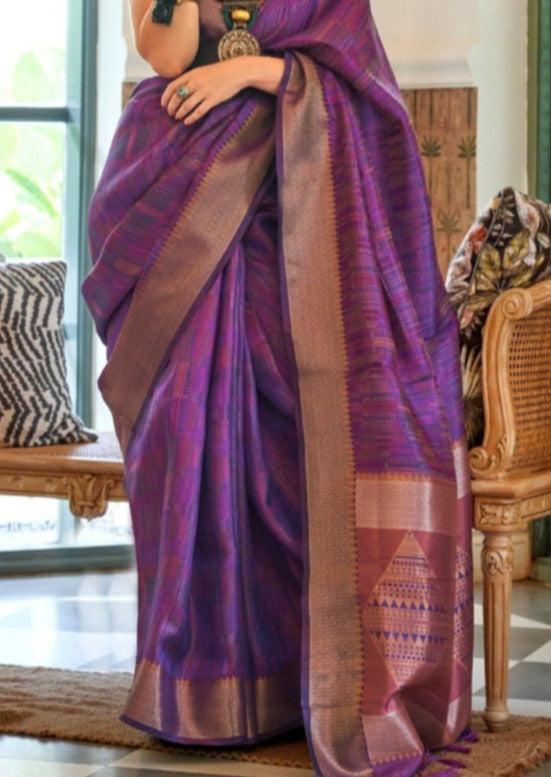 Pure handloom banarasi organza silk purple saree blouse designs online shopping.