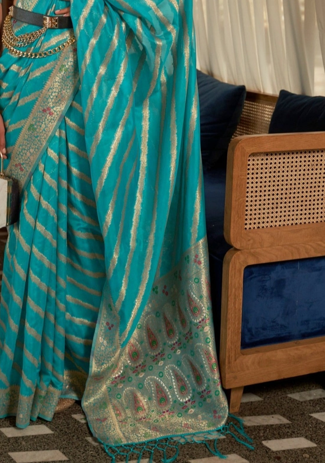 Pure Handloom Banarasi Organza Turquoise Blue Saree pallu design with meenakari work