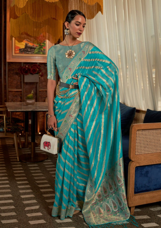 Pure handloom banarasi organza turquoise blue sarees online shopping price for wedding.