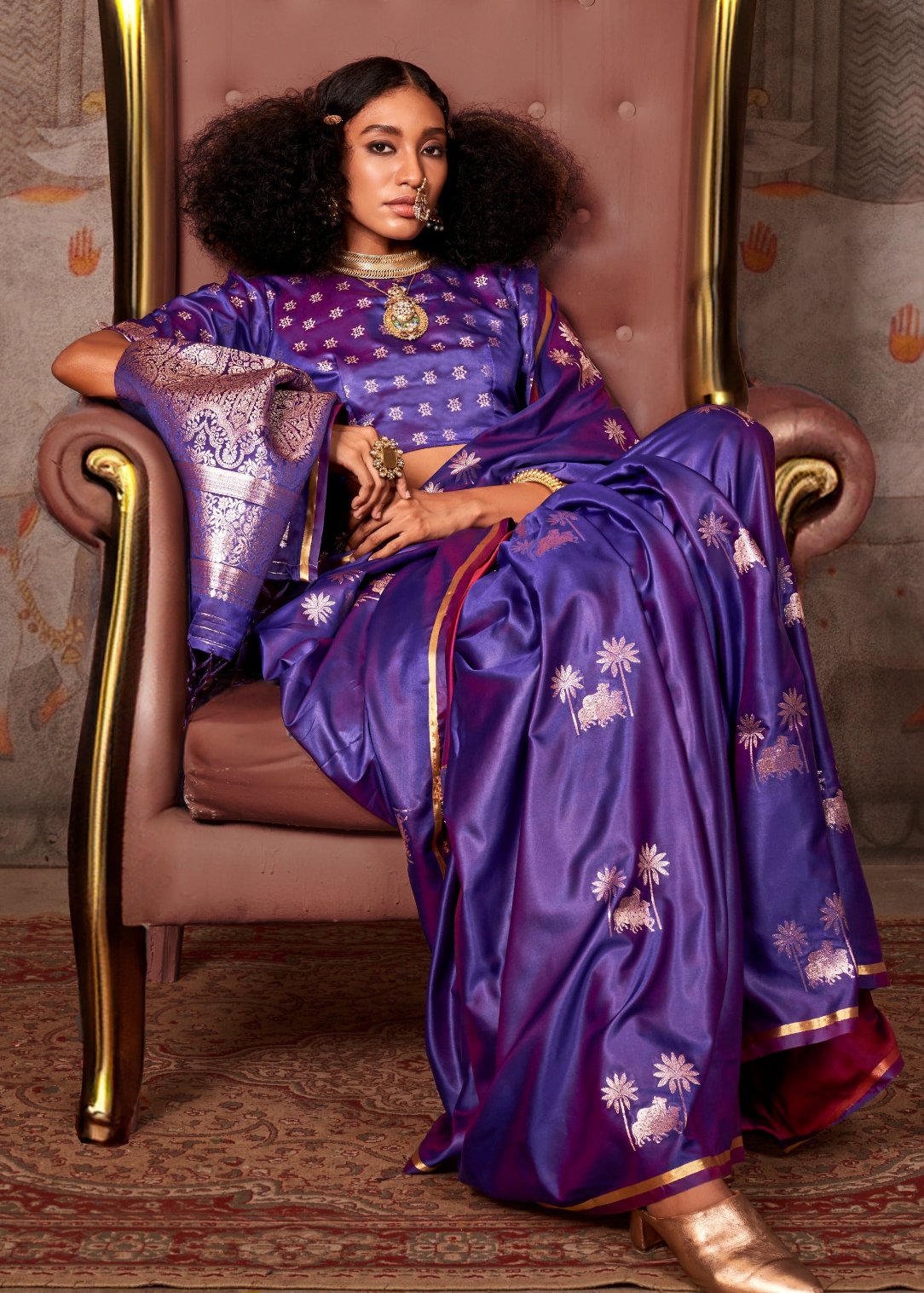 Pure handloom banarasi satin silk saree online india in violet purple color.