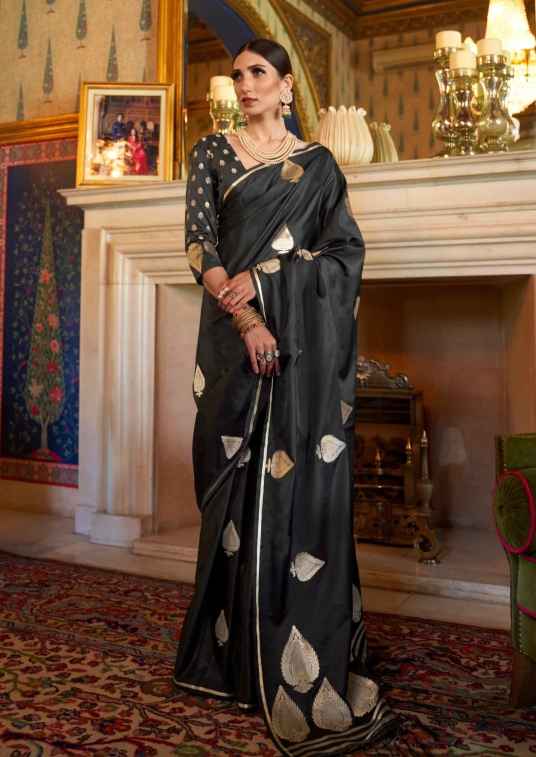 Bride in pure handloom banarasi satin silk black saree design online.