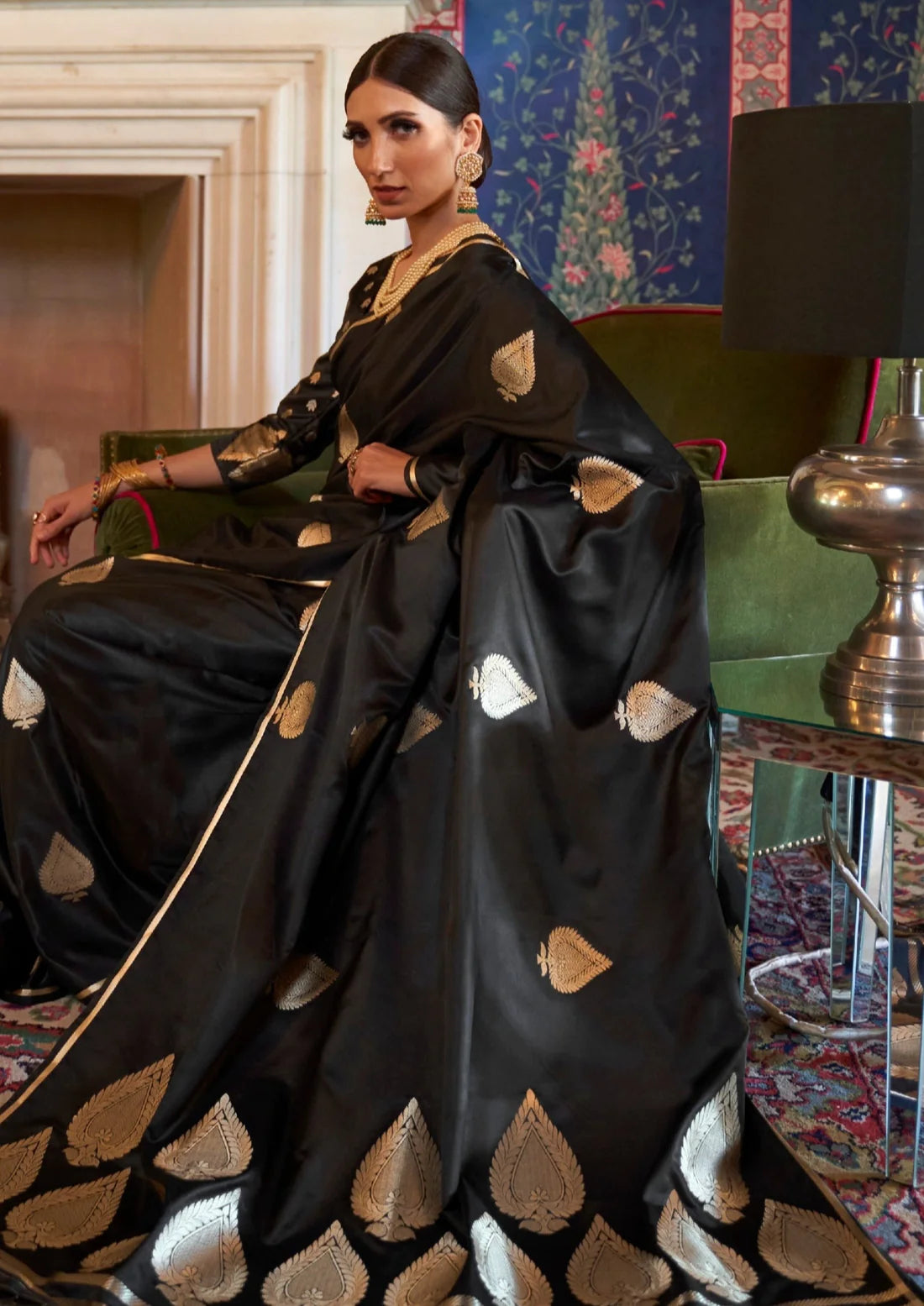 Pure handloom banarasi satin silk black saree design online.